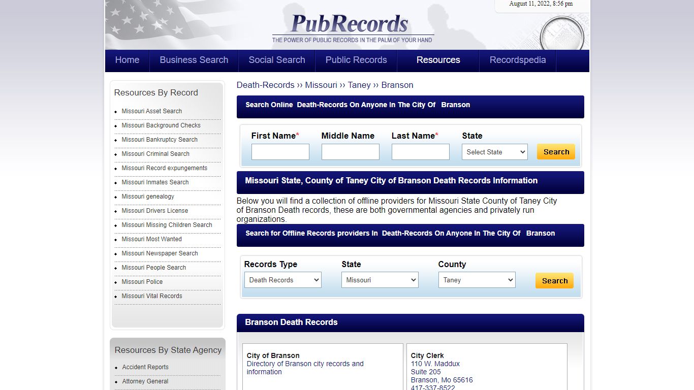 Branson, Taney County, Missouri Death Records
